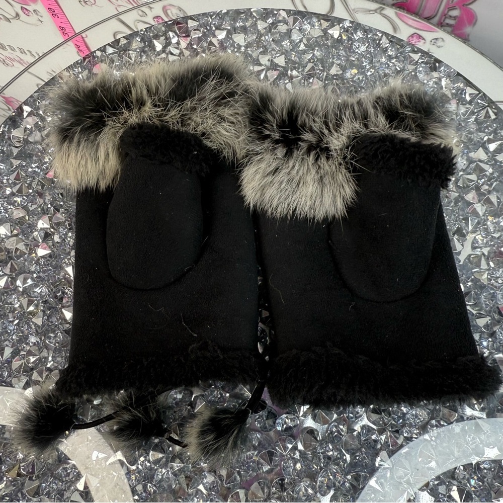 Mitts Black rabbit Fur Trim Fingerless Gloves with Pom  Pom lace up details